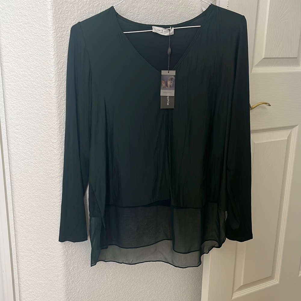 Lola & Sophie Hunter green top with sheer overtop.